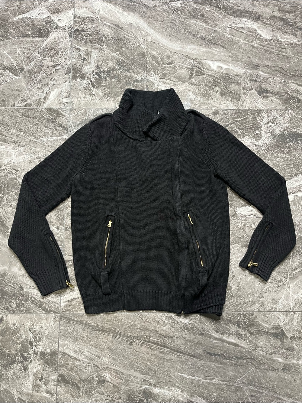 VTG Moda International Black Funnel Neck Zip Accent Sweater Asymmetrical Moto